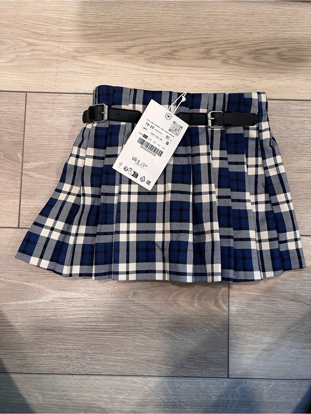 Zara Blue & White Plaid Pleated Skirt with  Attached Black Belt